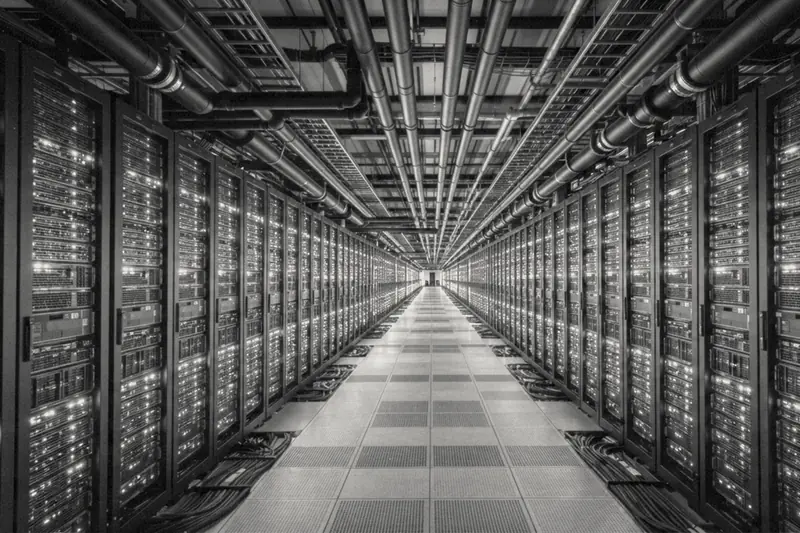 Long symmetrical hall of computer racks