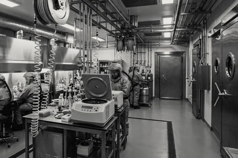 Staff in sealed protective suits working in a containment laboratory