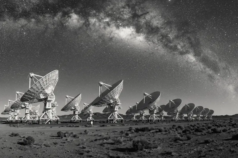 Array of large dish antennas in a desert at night