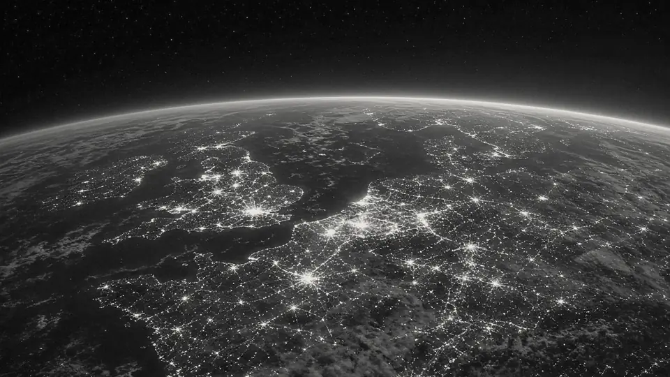 City lights across Western Europe at night, seen from orbit