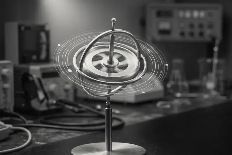 Spinning gyroscope on a stand in a laboratory