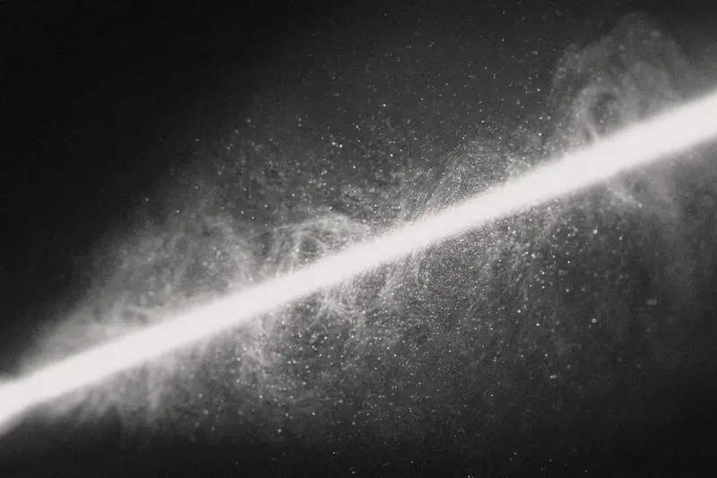 Bright laser beam cutting diagonally through smoke