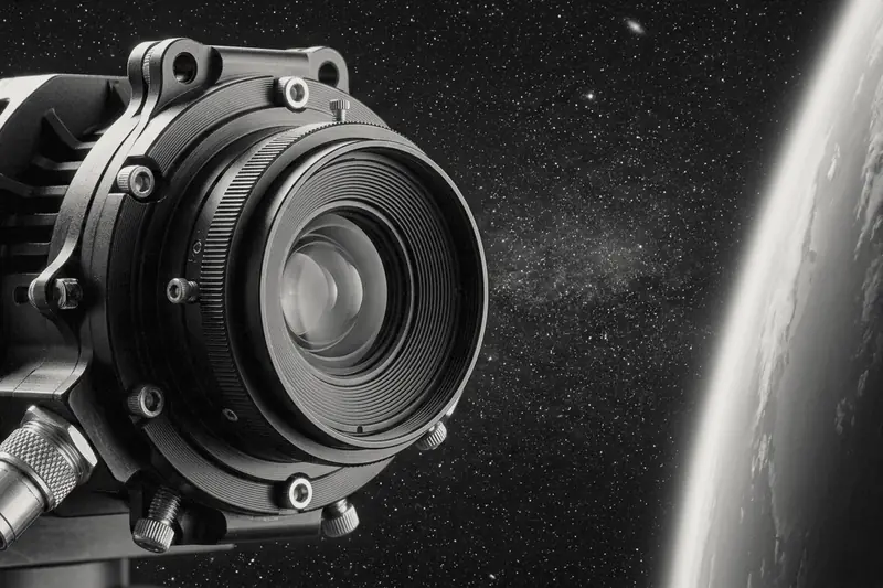 Camera payload with a large lens on a spacecraft above Earth's horizon