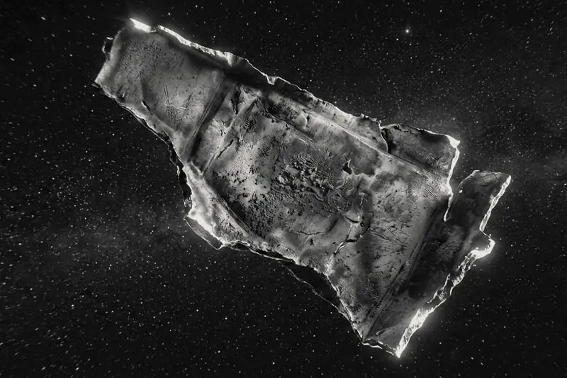Scorched fragment of metal debris drifting in space