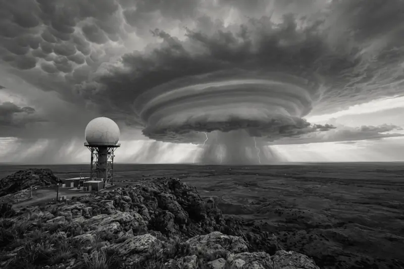 Radar dome on a hilltop under a storm front
