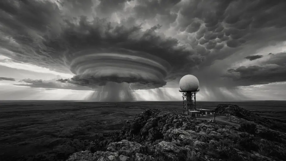 Radar dome on a hilltop as a storm front builds over the plain behind it
