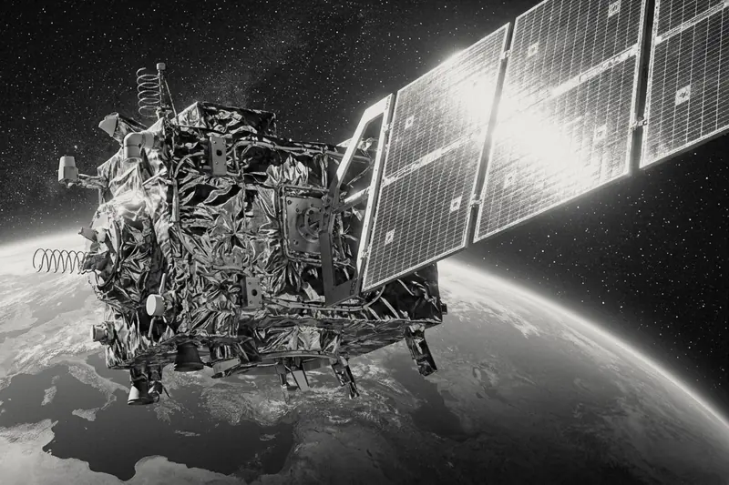 Satellite wrapped in thermal foil in orbit above Earth