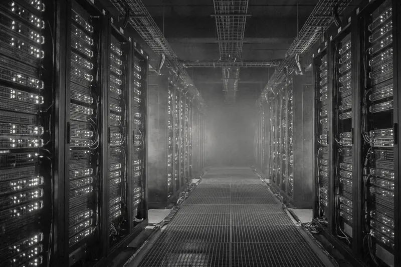 Aisle between server racks in a dark data centre