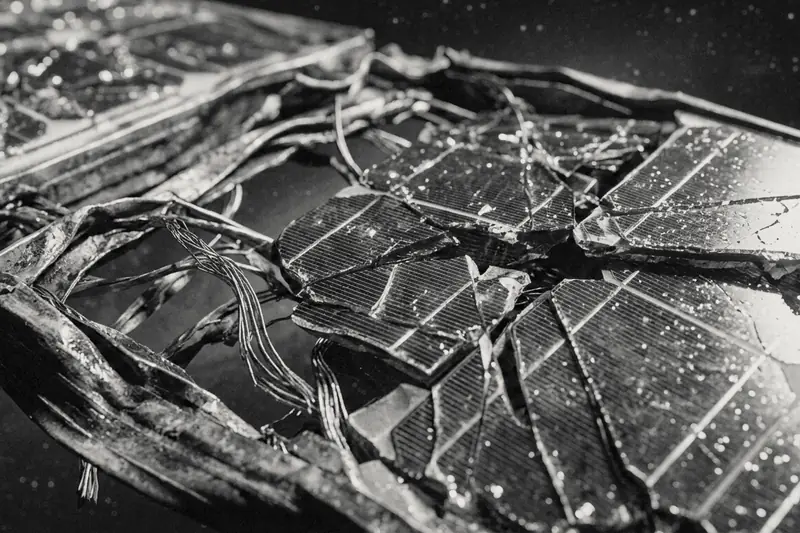 Shattered satellite solar panel with torn wiring