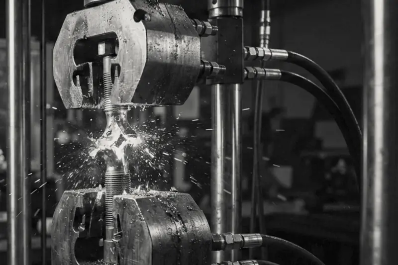 Metal specimen fracturing in the grips of a tensile testing machine