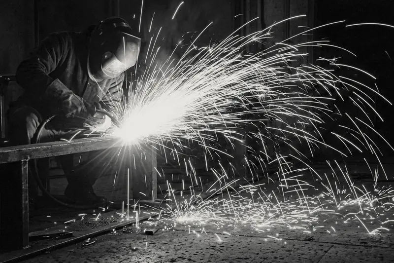 Welder in a mask throwing sparks across a dark workshop